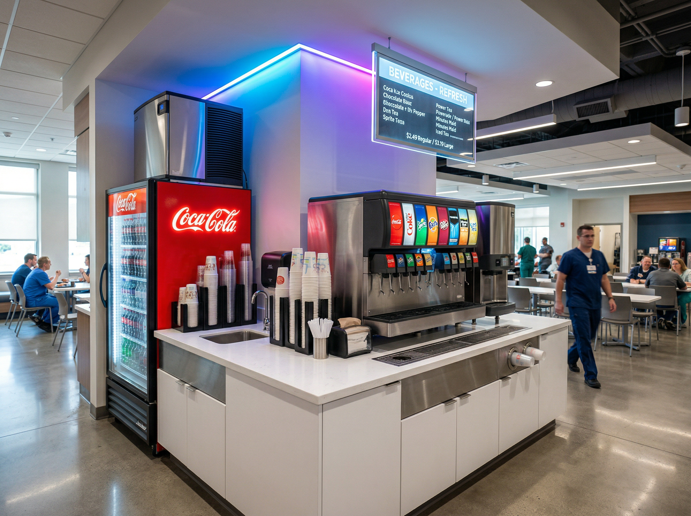 Hospital cafeteria beverage dispensing station
