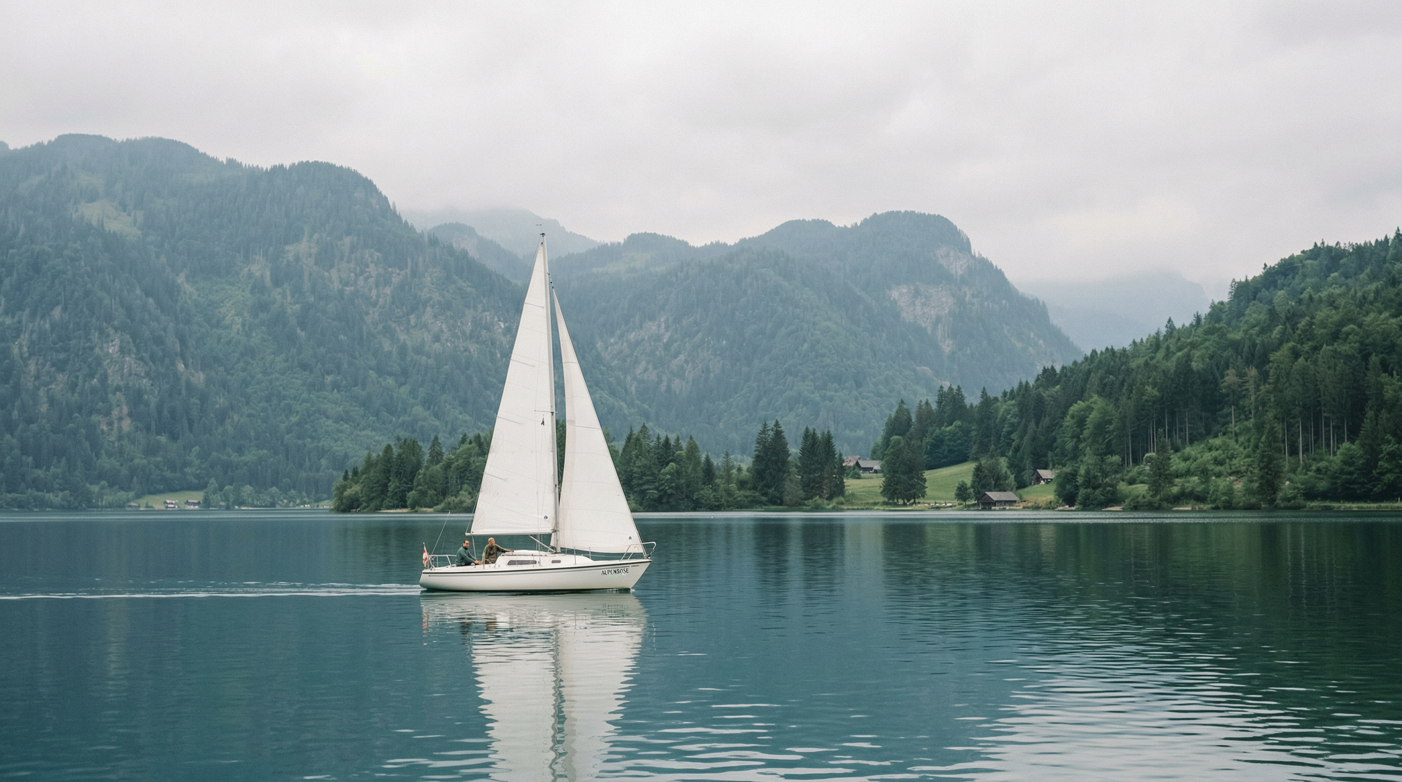 Sailboat on a calm alpine lake