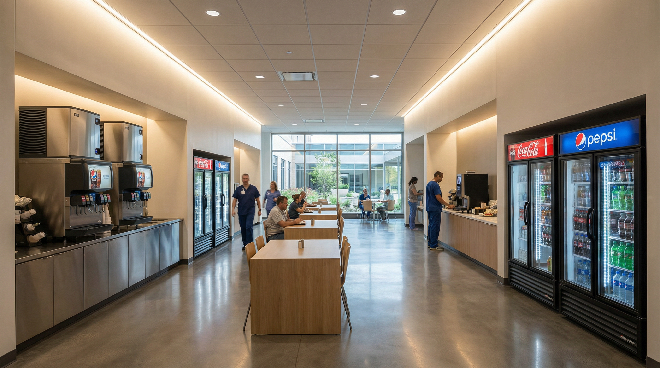 Modern hospital cafeteria with branded beverage stations