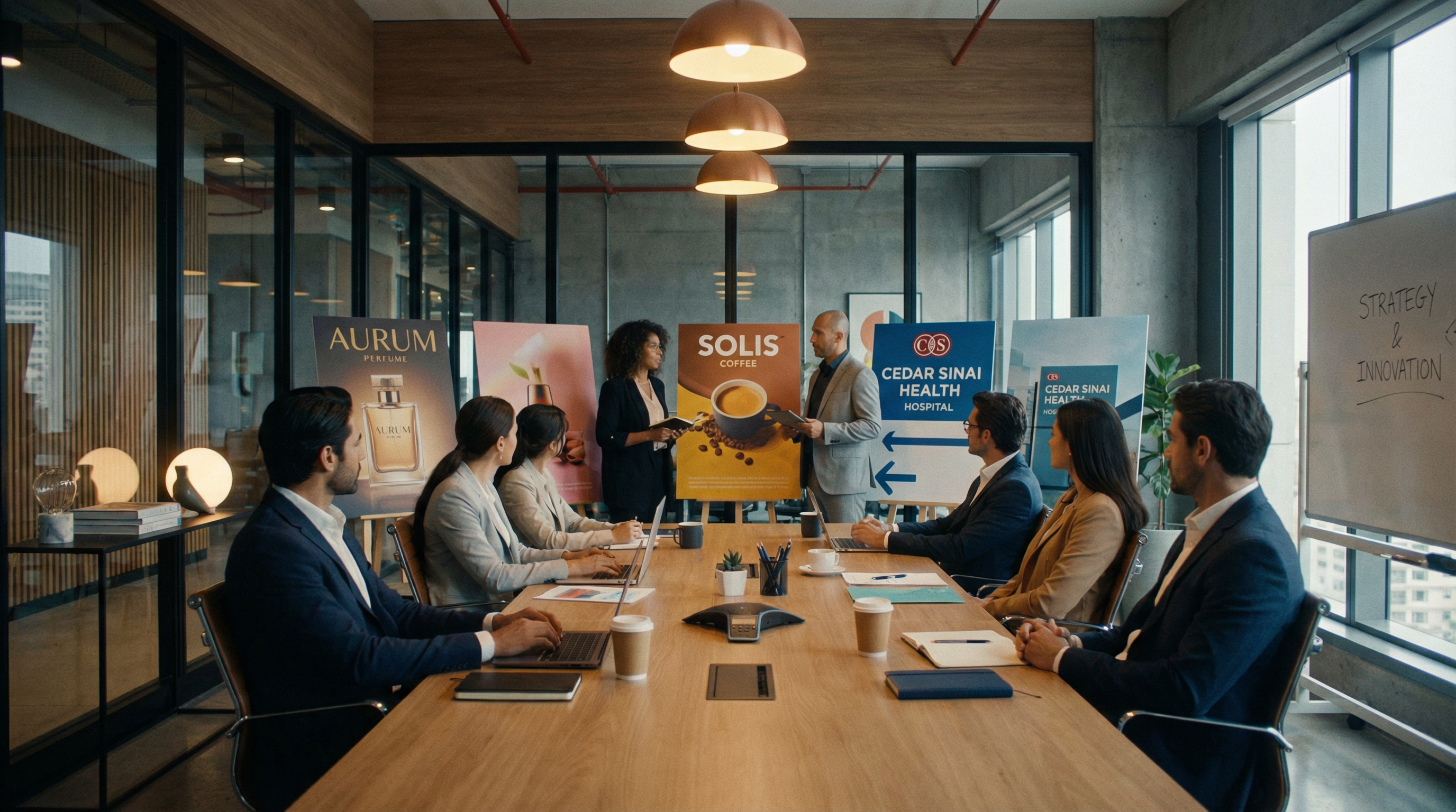 Brand marketing team presenting healthcare partnership strategy