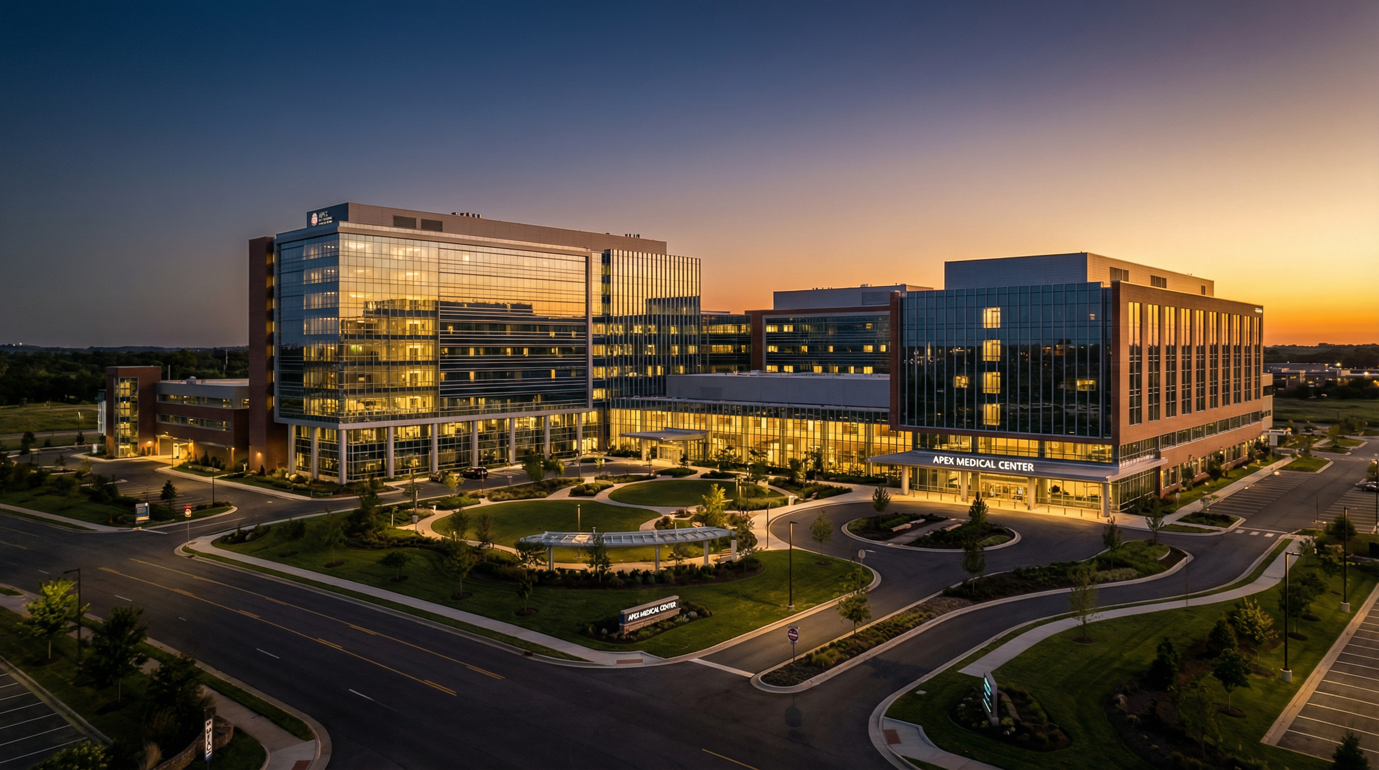 Modern hospital campus at sunset