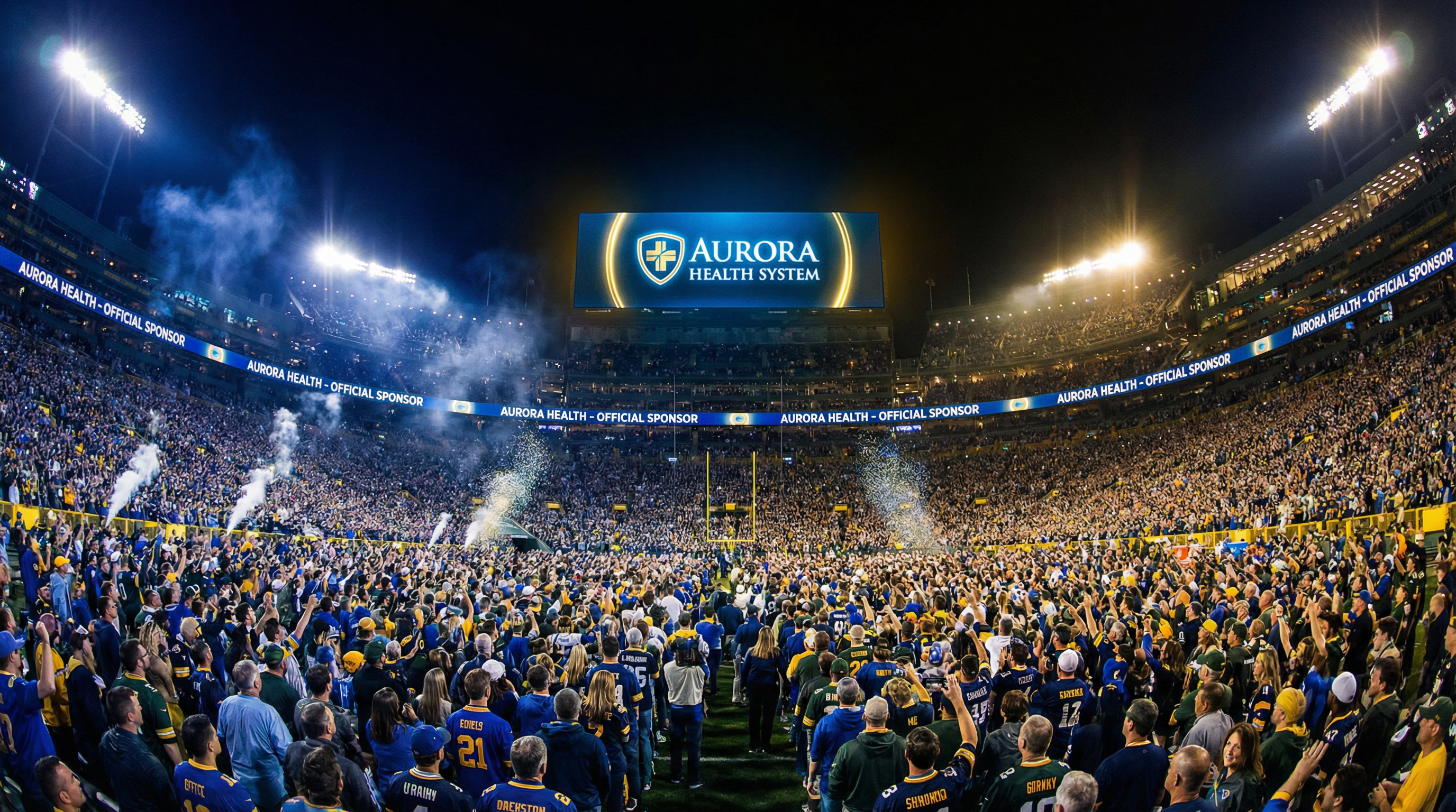 Aurora Health System displayed as Official Sponsor on the scoreboard and LED ribbon boards of a packed NFL stadium at night